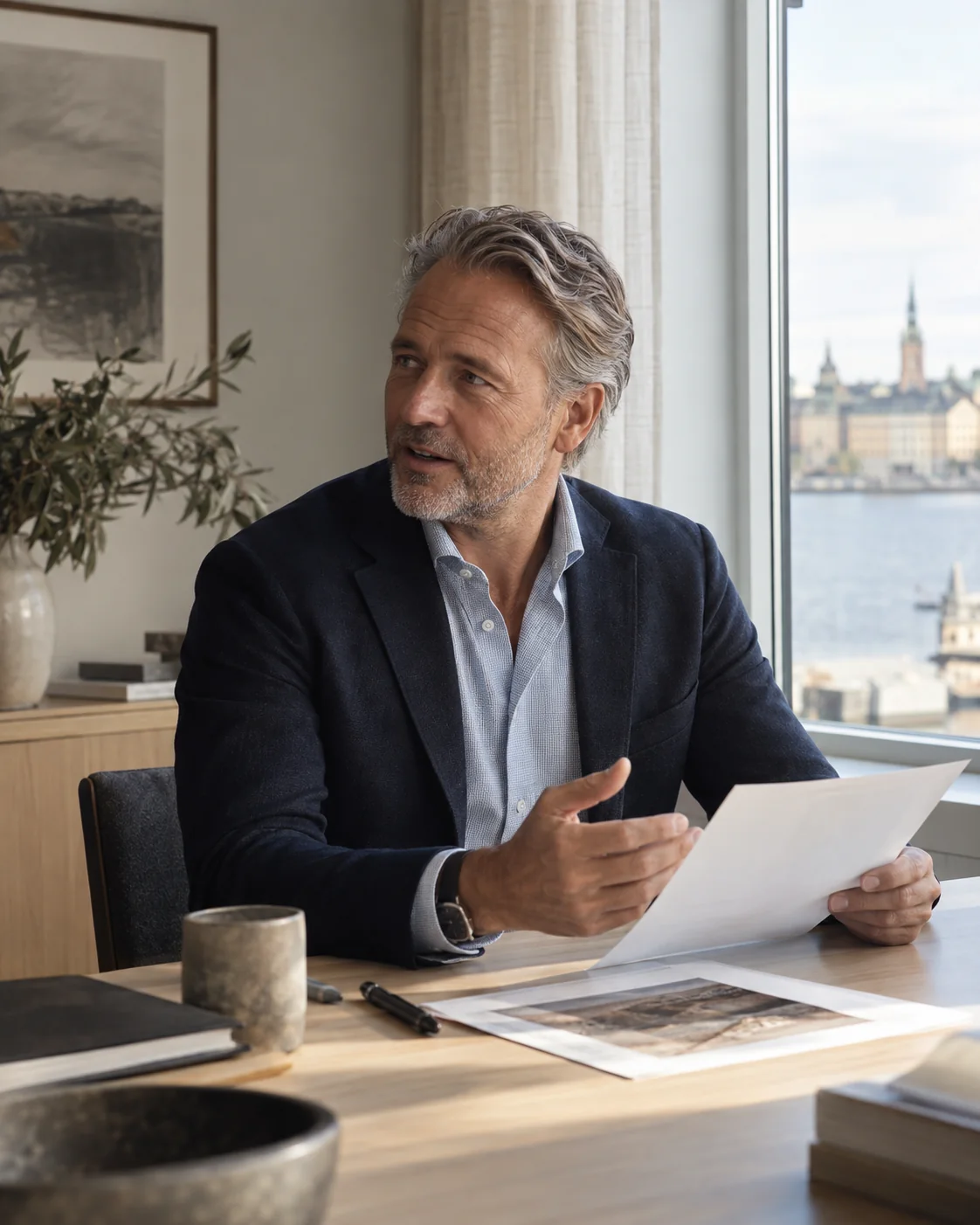 An experienced leader discusses a strategy brief in a Nordic office.